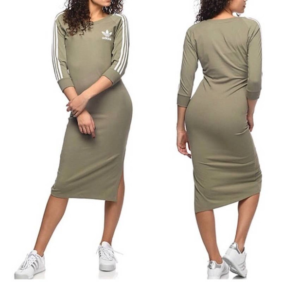 adidas Dresses & Skirts - Adidas Trefoil Khaki Green 3/4 Sleeve Body Con Midi Dress with Slit Womens